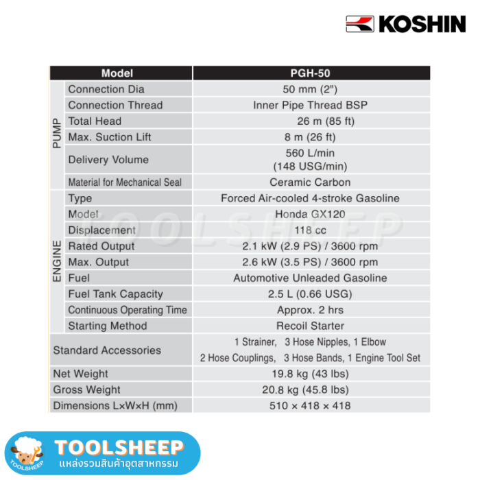 ปัมน้ำเบนซิน ปั๊มน้ำติดเครื่องยนต์ ปั๊มน้ำทะเล Koshin PGH